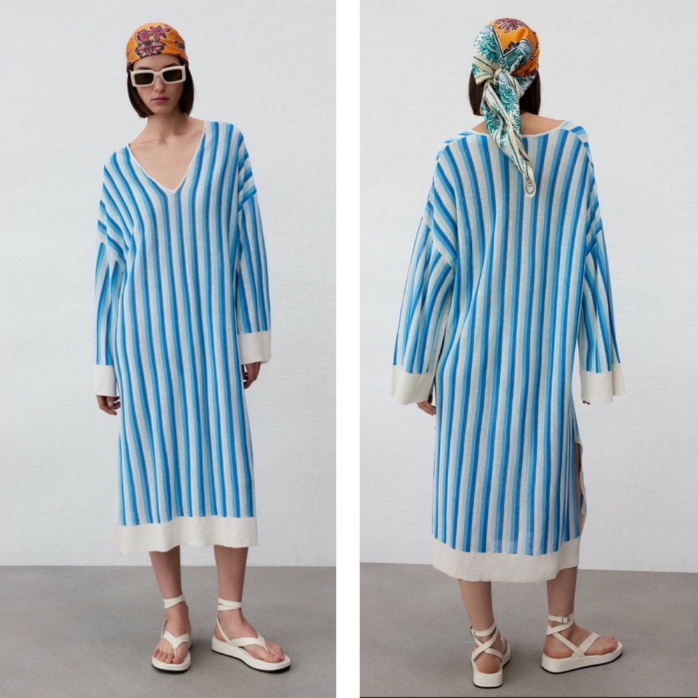 Blue & White Striped V-Neck Swim Cover-Up Dress